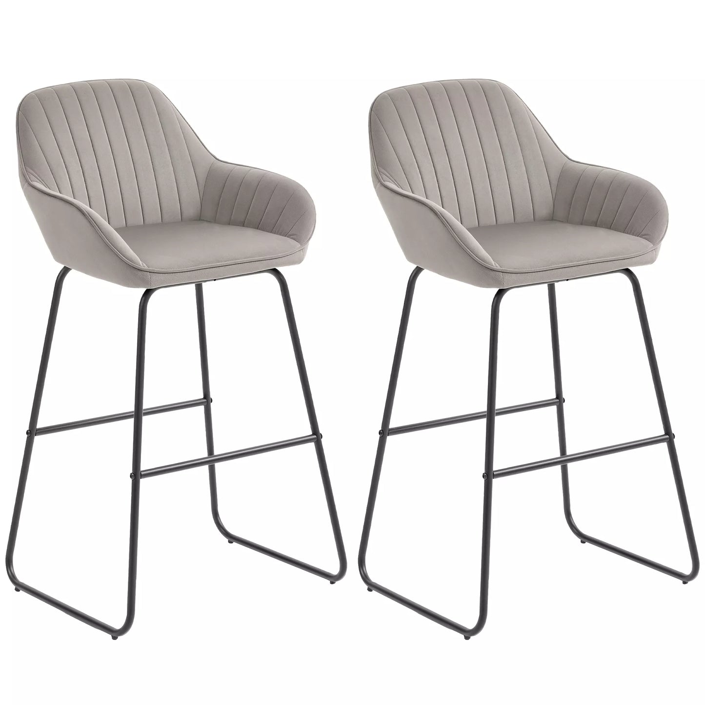 2 vnt. baro kėdžių komplektas, baro kėdės su audinio apmušalu ir putplasčio užpildu, paminkštintos kėdutės su metalinėmis kojomis, pilkos