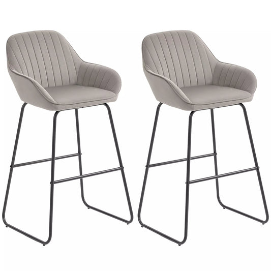 2 vnt. baro kėdžių komplektas, baro kėdės su audinio apmušalu ir putplasčio užpildu, paminkštintos kėdutės su metalinėmis kojomis, pilkos