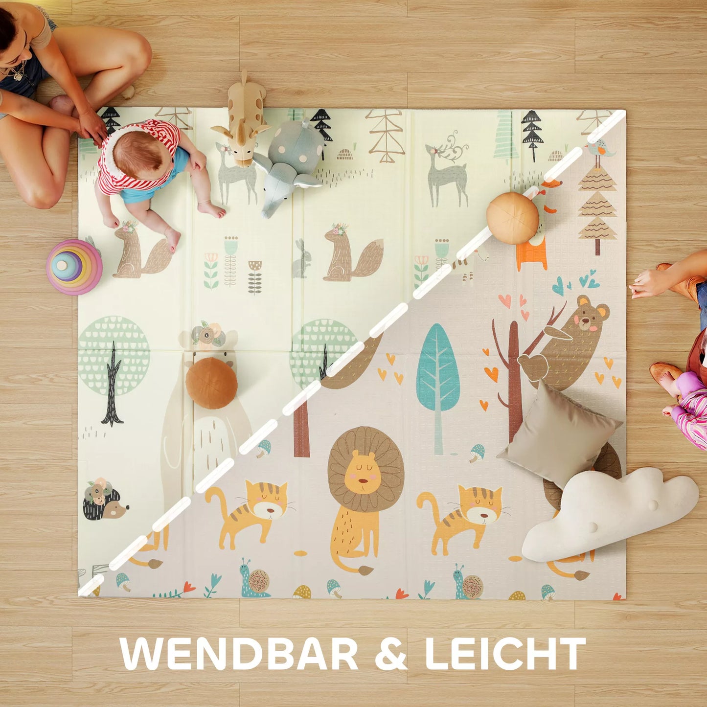 Vaikams skirta žaidimų kilimėlis 196 x 176 x 1,5 cm sulankstomas dvipusis ropojimo kilimėlis daugiaspalvis