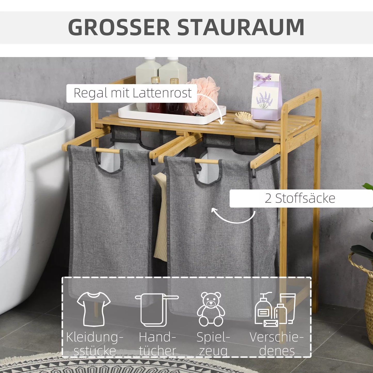 Skalbinių surinkėjas skalbinių krepšys, 2 skalbinių maišai, 2 rankenos, bambukas, 63,5 x 33 x 73 cm, pilka + natūrali spalva