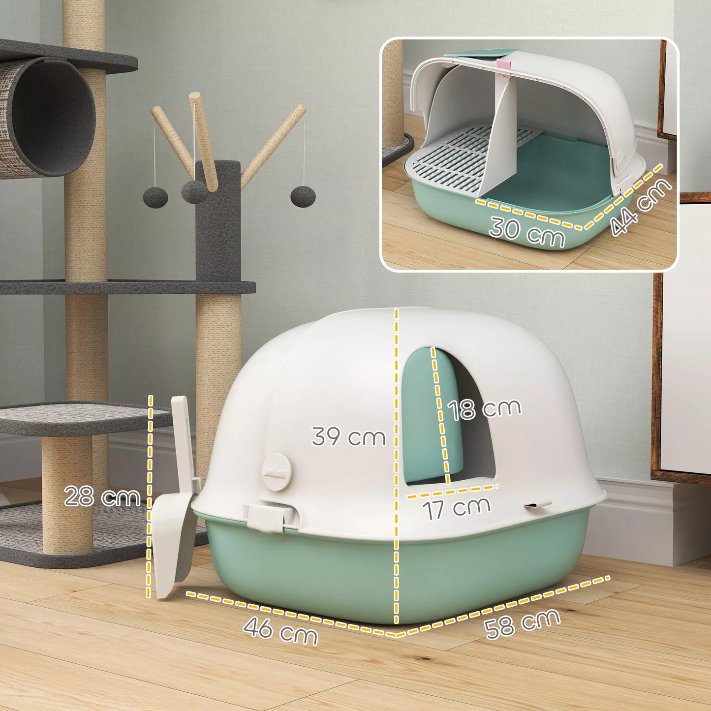 Kačių tualetas su dangčiu, su vidiniu lataku, durimis, kastuvu, lengvai valomas, plastikas, žalias