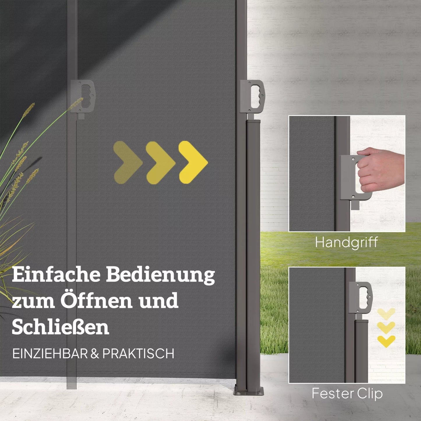 Ištraukiama šoninė markizė, nepermatoma, apsauganti privatumą, su sieniniu laikikliu, dengta, 300x140cm, tamsiai pilka