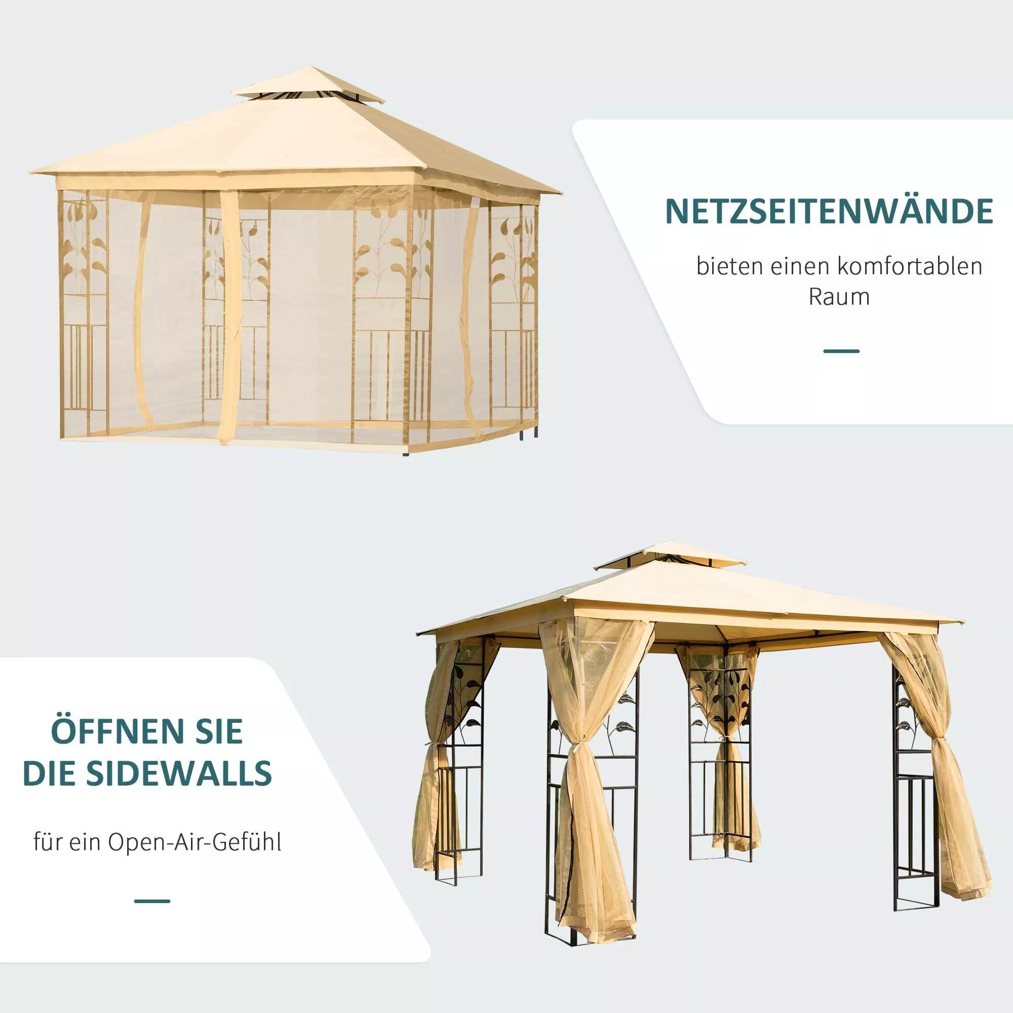 Prabangus paviljonas 3x3 m Sodo paviljonas su dvigubu stogu Šventinis palapinė su šoniniais elementais Šventinė palapinė Sodo palapinė Pagoda, smėlio spalvos