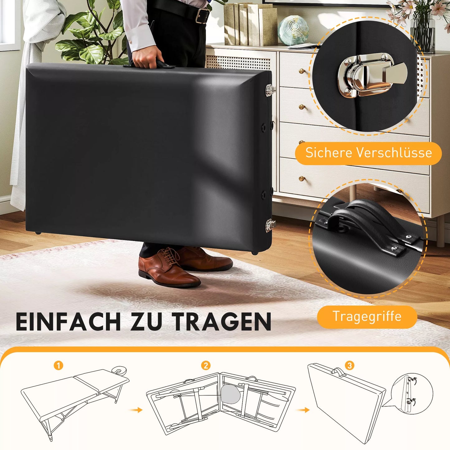 Aukščio reguliuojamas masažo stalas, medinis rėmas, sulankstomas masažo kušetė, putplasčio apmušalas, juodas