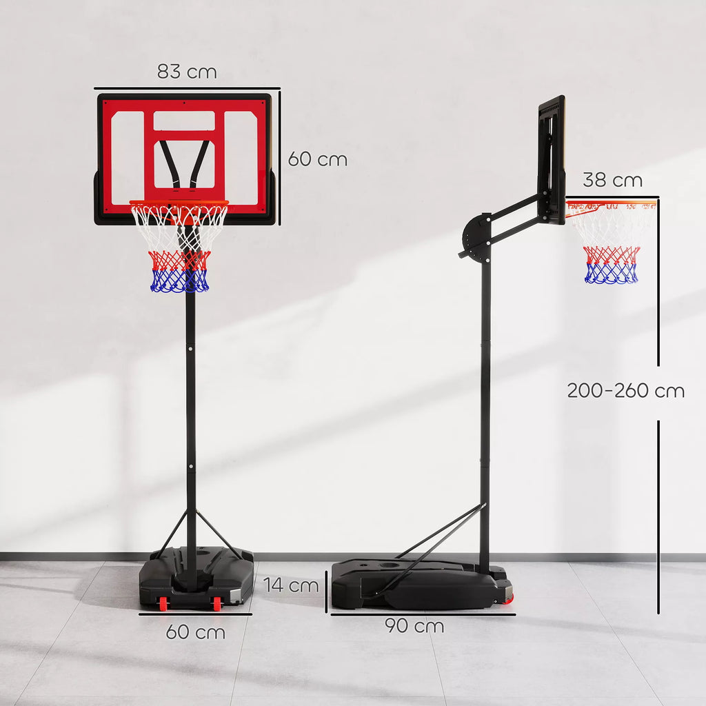 Krepšinio krepšys, lauko krepšinio krepšys paaugliams, aukštis reguliuojamas nuo 200 iki 260 cm, su ratukais, raudonas