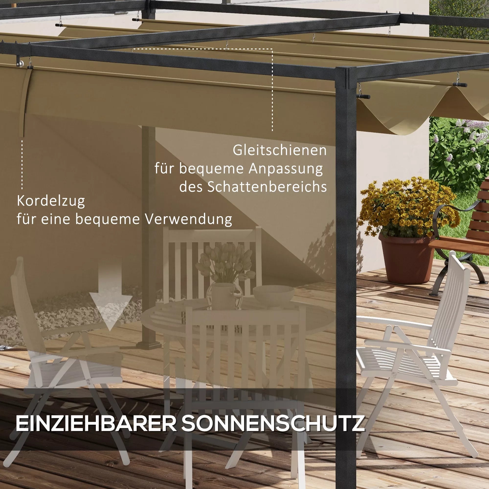Pergola, tvirta saulės apsauga sodui, balkonui, terasai, pagaminta iš metalo ir plastiko, atspari UV spinduliams ir vandeniui, chaki spalvos