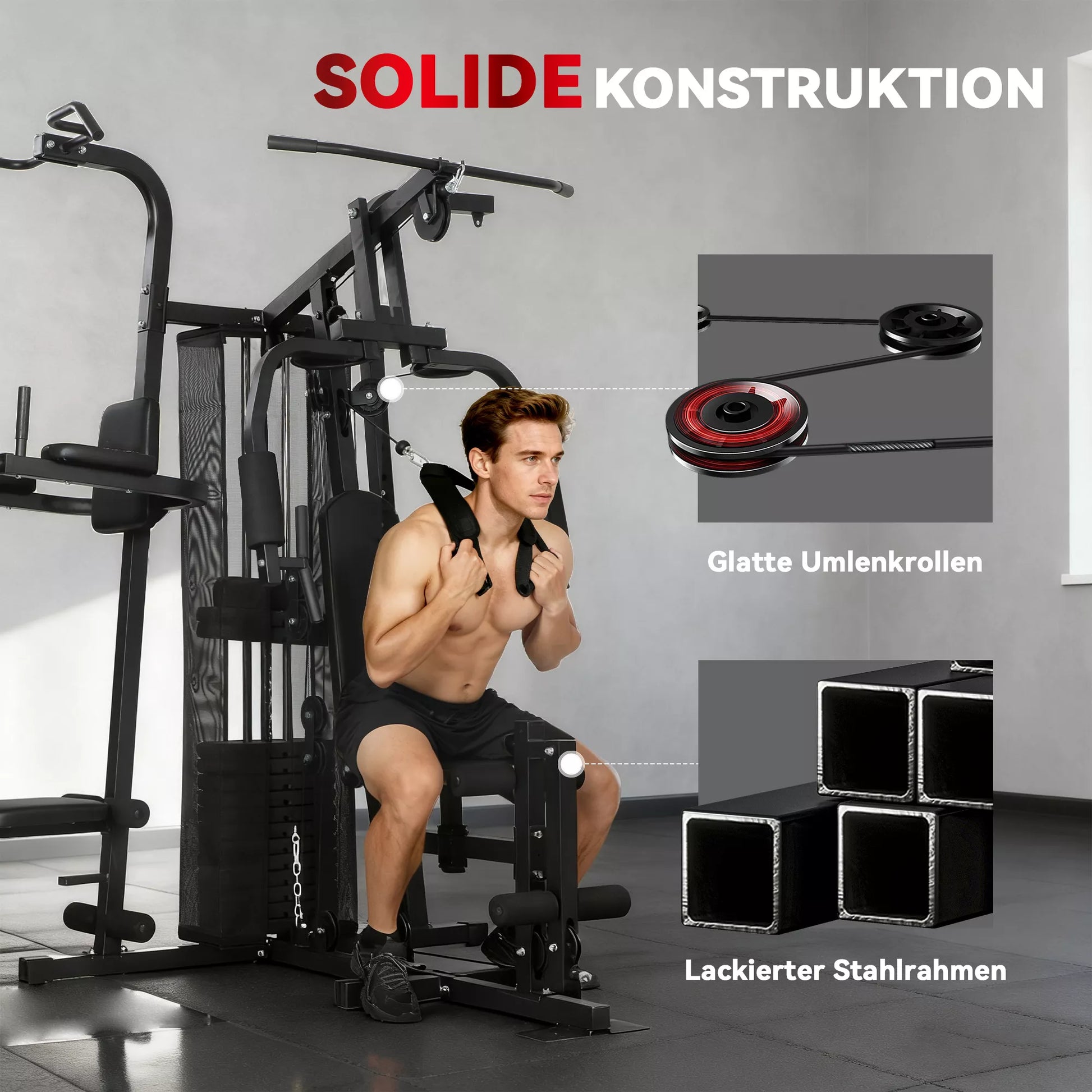 Daugiafunkcinė treniruočių stotis, namų sporto salės įranga daugiau nei 10 pratimams, svoriai, reguliuojamas treniruočių suolas, juoda