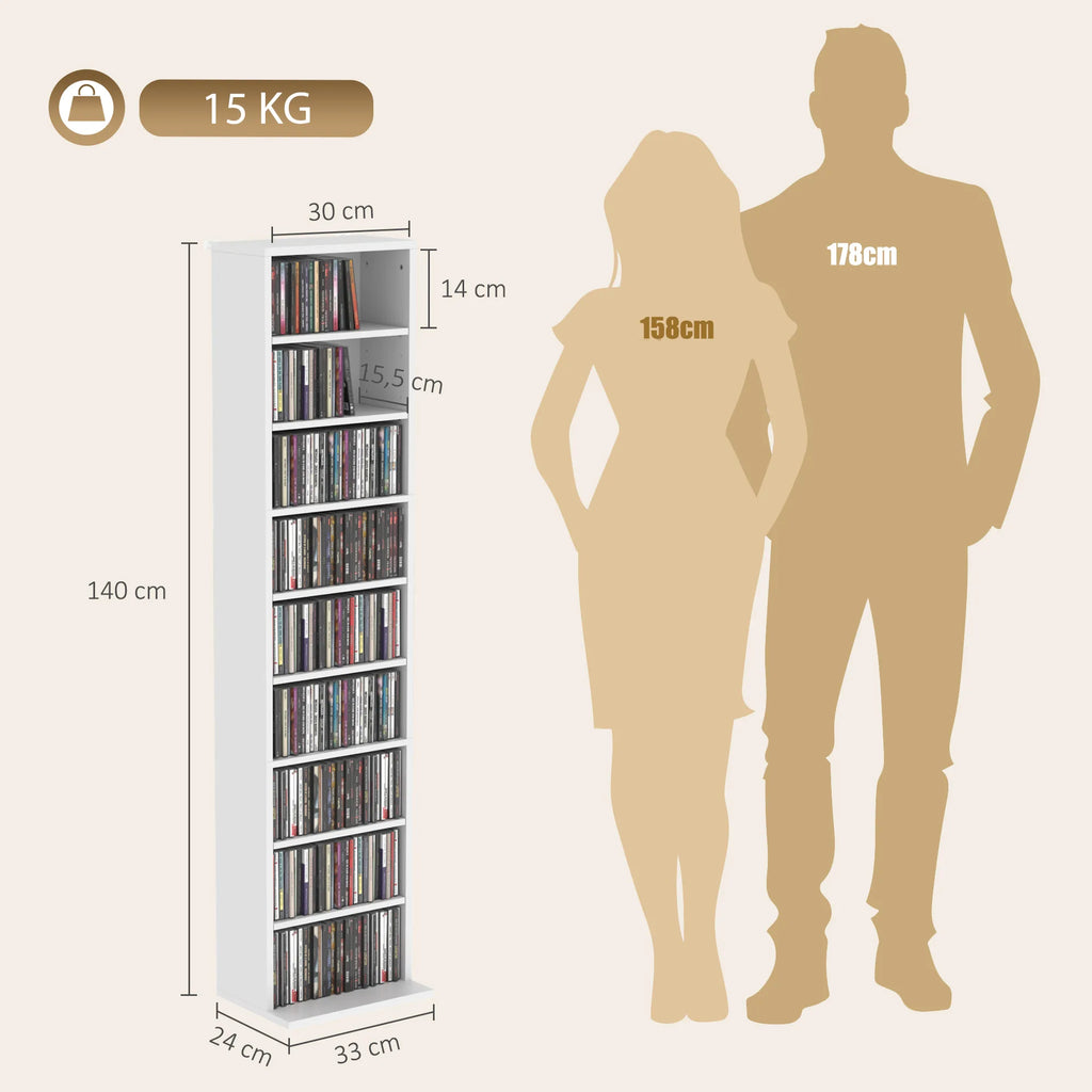 CD/DVD lentyna, 9 lygių, 6 reguliuojamos lentynos, 260 CD, balta