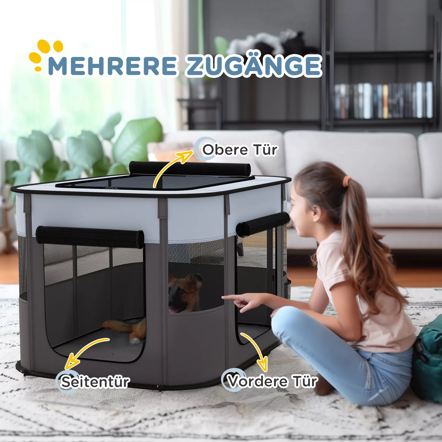 Sulankstomas žaidimų aptvaras naminiams gyvūnams su laikymo krepšiu, skirtas šuniukams ir kačiukams, naudoti lauke ir viduje, pilkos spalvos