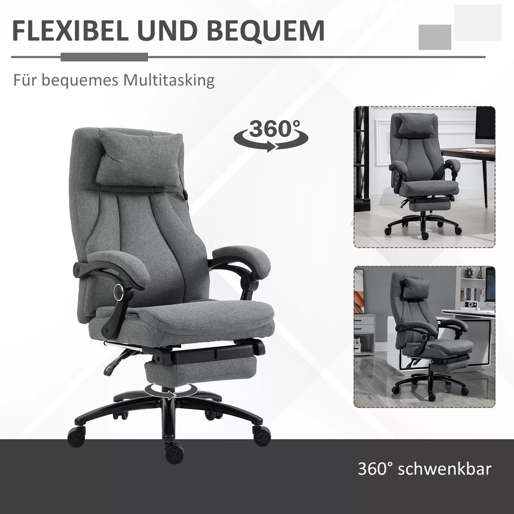 Biuro kėdė su masažo funkcija, aukščio reguliuojama vadovo kėdė, žaidimų kėdė su atlošu ir masažo funkcija, ergonomiška sukiojama kėdė, masažinė kėdė, lino tekstūra, pilka, 64 x 74 x 109–117 cm