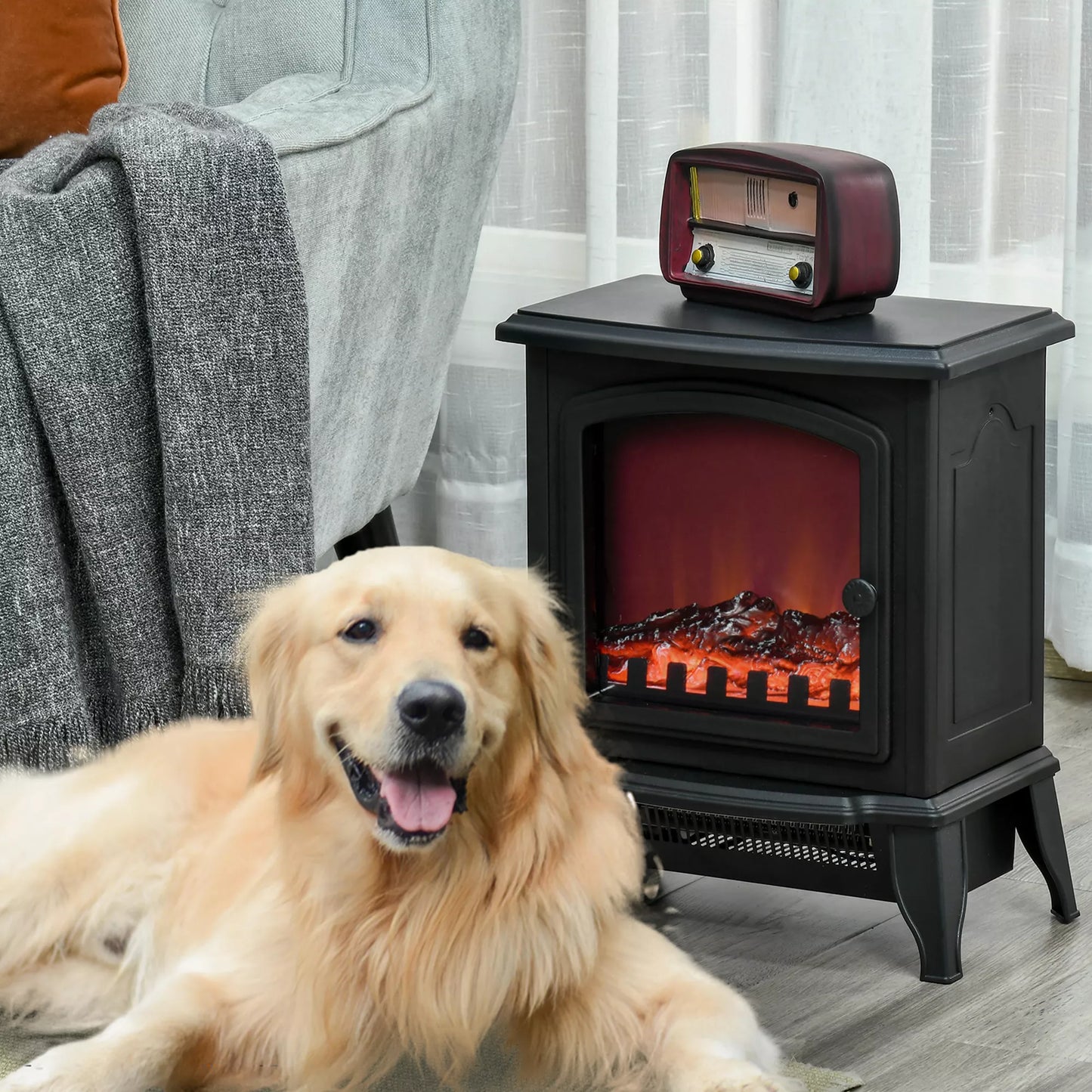 Laisvai pastatomas elektrinis židinys, liepsnos efektas, 2 šildymo režimai 1000W/2000W, grūdintas stiklas, juodos spalvos, 36,5x24x45,5 cm