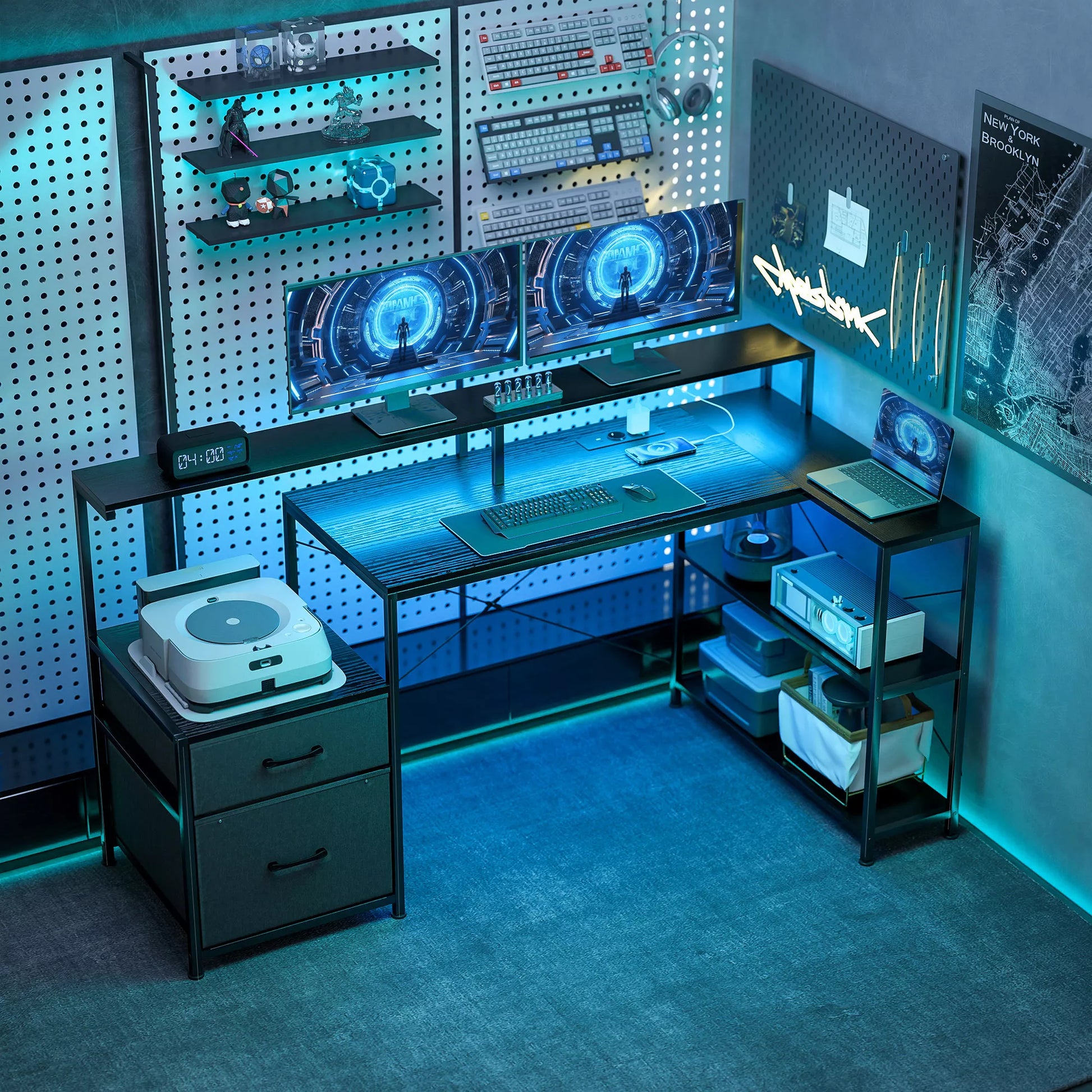 L formos žaidimų stalas, su LED apšvietimu ir įkrovimo lizdais, medžio imitacija/plienas, 165x80x91,5 cm