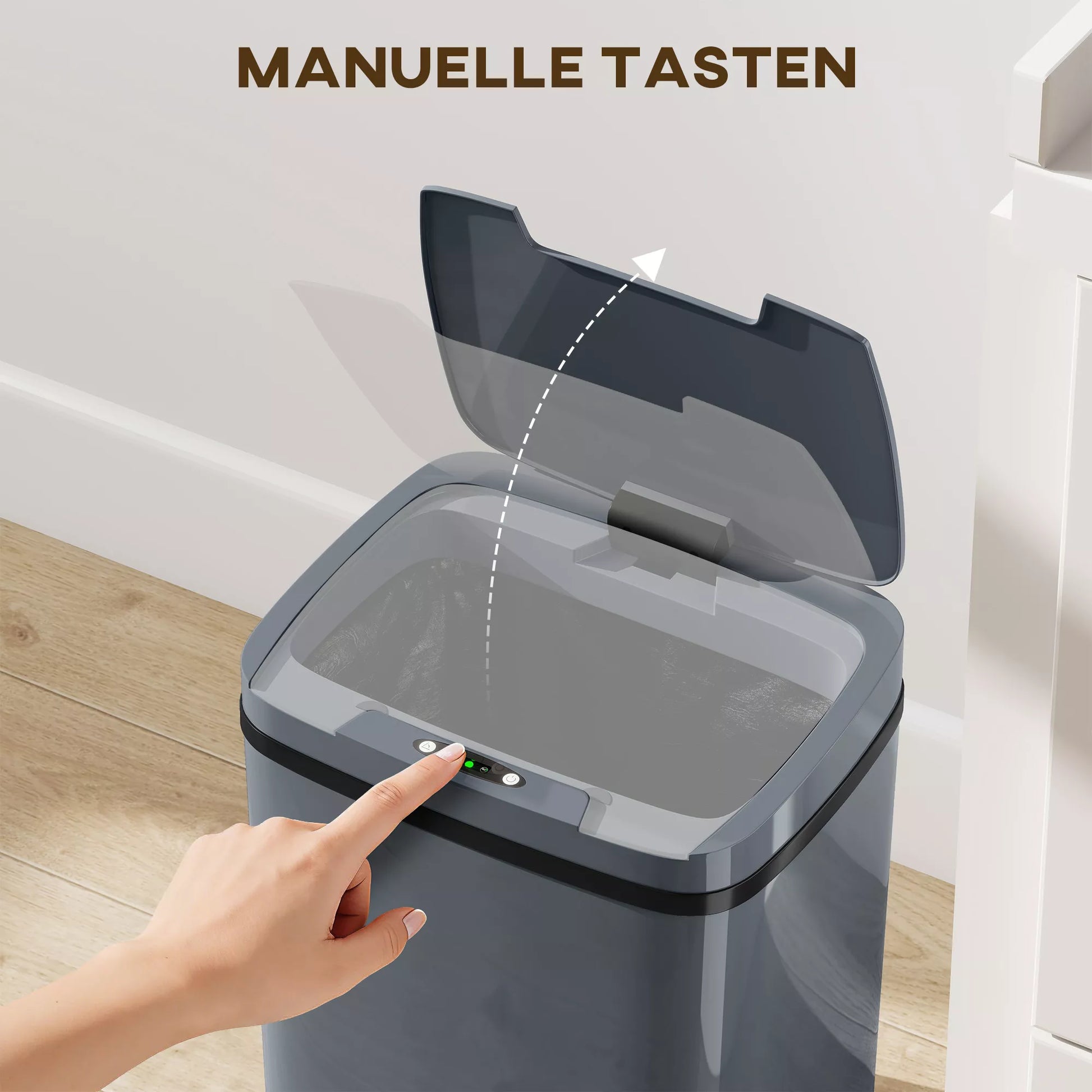 Sensorinis šiukšliadėžė 15L Automatinė šiukšliadėžė su dviem atidarymo režimais, skirta biurui, virtuvei, 27,6 x 21,4 x 33,5 cm, pilka