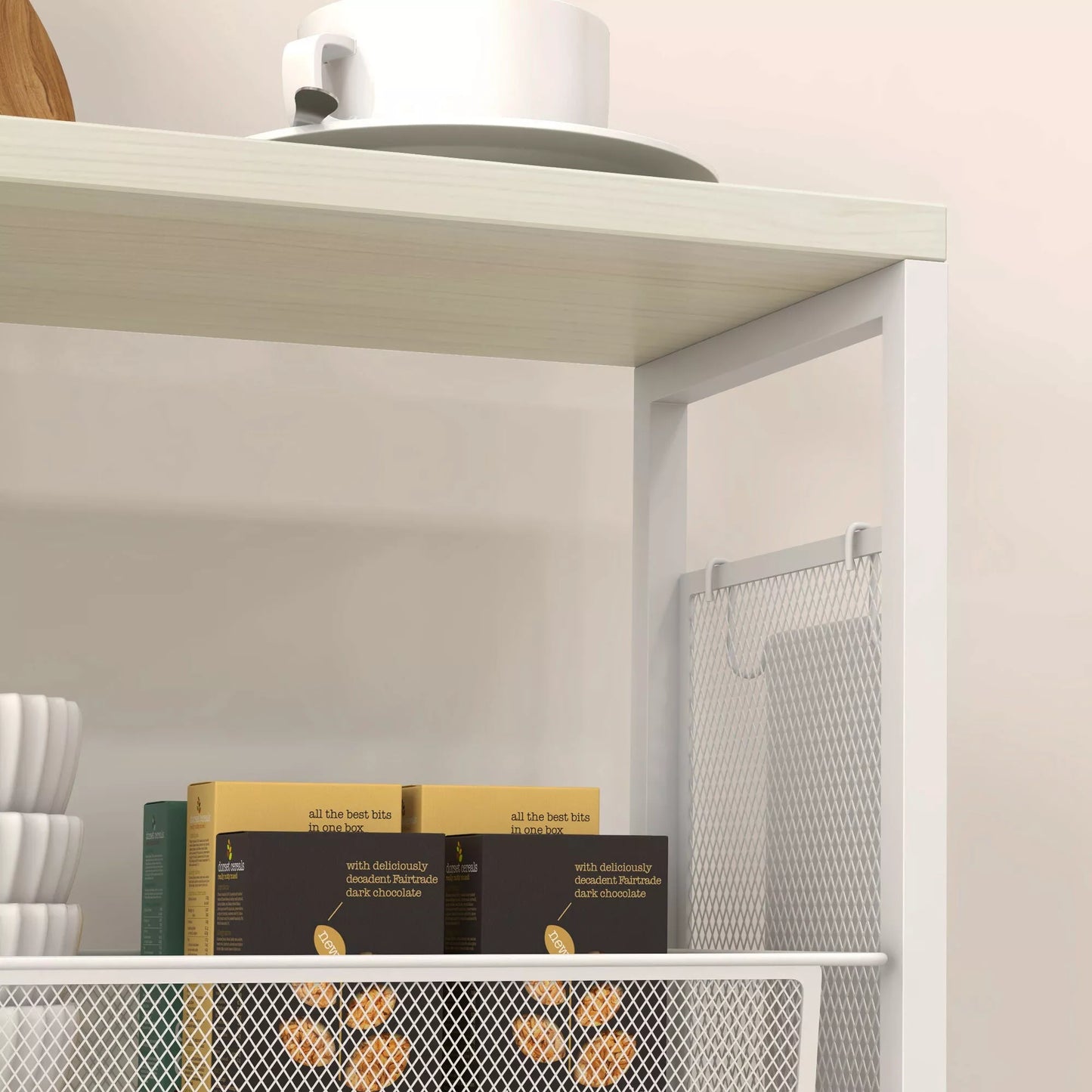 Siauras vežimėlis, universalus virtuvinis vežimėlis, 3 lentynos, kabliukai, 58 cm x 18,5 cm x 87 cm, baltas