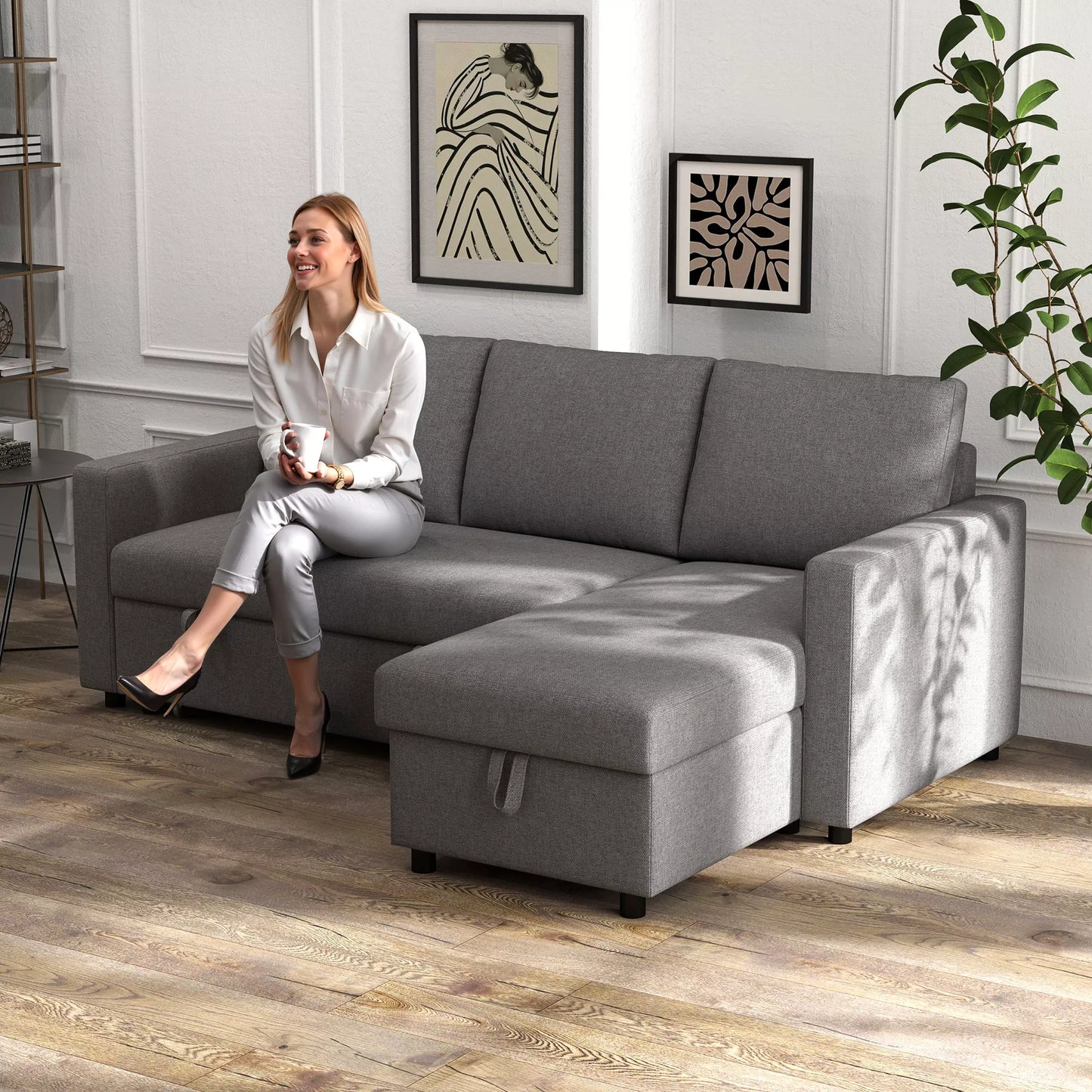 Kampinė sofa su miegojimo funkcija ir daiktadėže, kampinė sofa su patalynės dėže, čiažlongas, miegamoji sofa, audinio sofa, L formos, lininis paviršius, šviesiai pilka, 211,5 x 146 x 85 cm