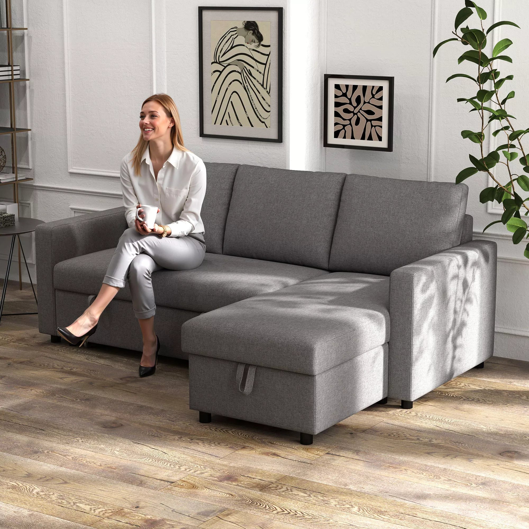 Kampinė sofa su miegojimo funkcija ir patalynės dėže, šviesiai pilka, 211,5 x 146 cm