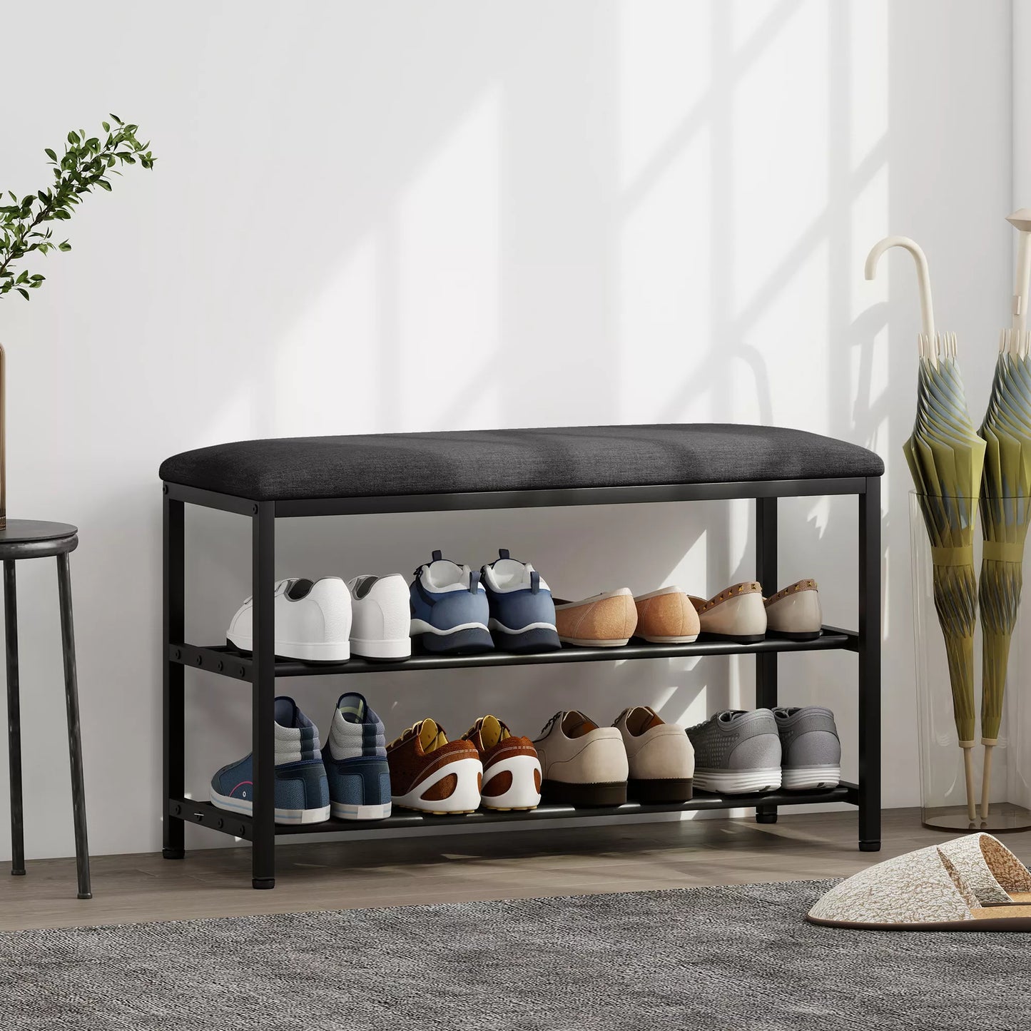 Batų spintelė su sėdimoji vieta, suoliukas su daiktų laikymo vieta, batų lentynos su 2 atviromis lentynomis, suoliukas 81 x 31 x 50 cm Juoda