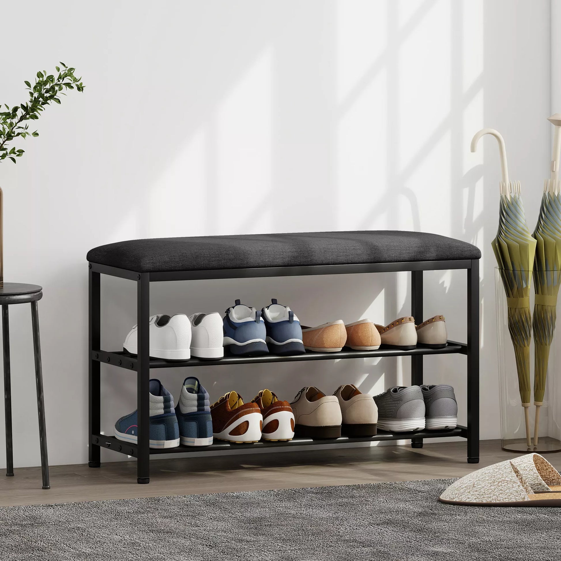 Batų spintelė su sėdimoji vieta, suoliukas su daiktų laikymo vieta, batų lentynos su 2 atviromis lentynomis, suoliukas 81 x 31 x 50 cm Juoda
