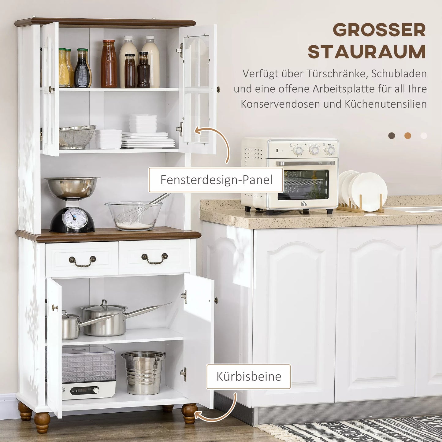 Virtuvės spintelė, bufetas, 2 stalčiai, 2 spintelės skyriai, klasikinis dizainas, balta+tamsiai ruda, 76 x 38 x 182 cm