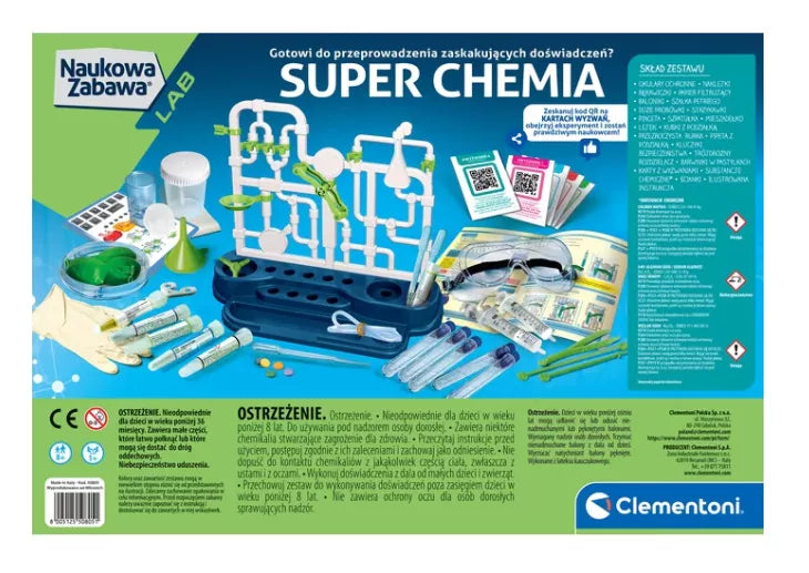 Chemijos rinkinio dėžutės galinė pusė su sudėties ir saugos informacija