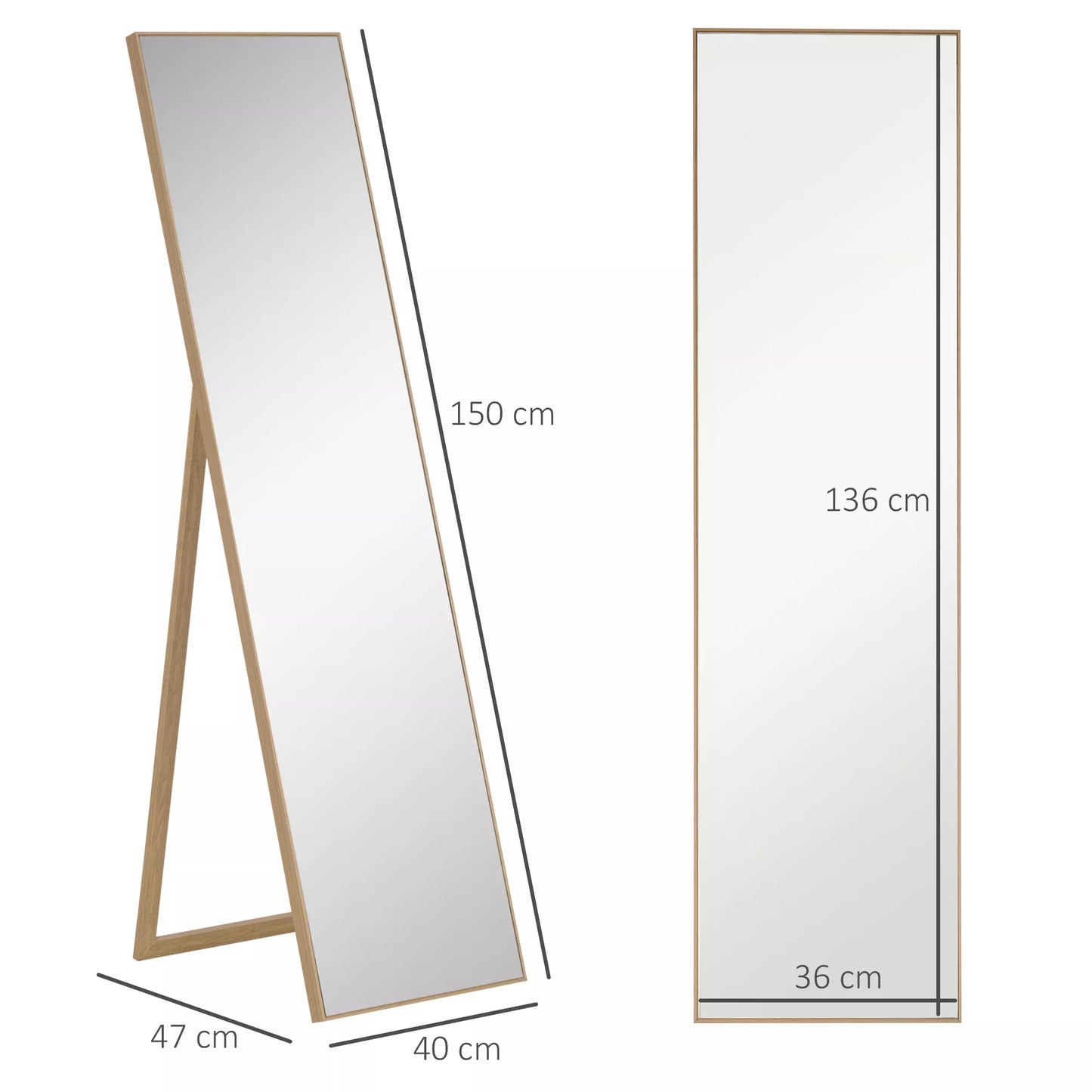 Viso kūno veidrodis su stovu, pastatomas, 40 cm x 150 cm, natūralus