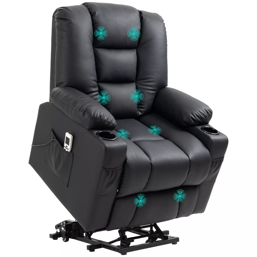 Atpalaiduojantis fotelis su pakėlimo pagalba, USB, masažo funkcija, dirbtinė oda, iki 150 kg, 90x98x102 cm, juodas