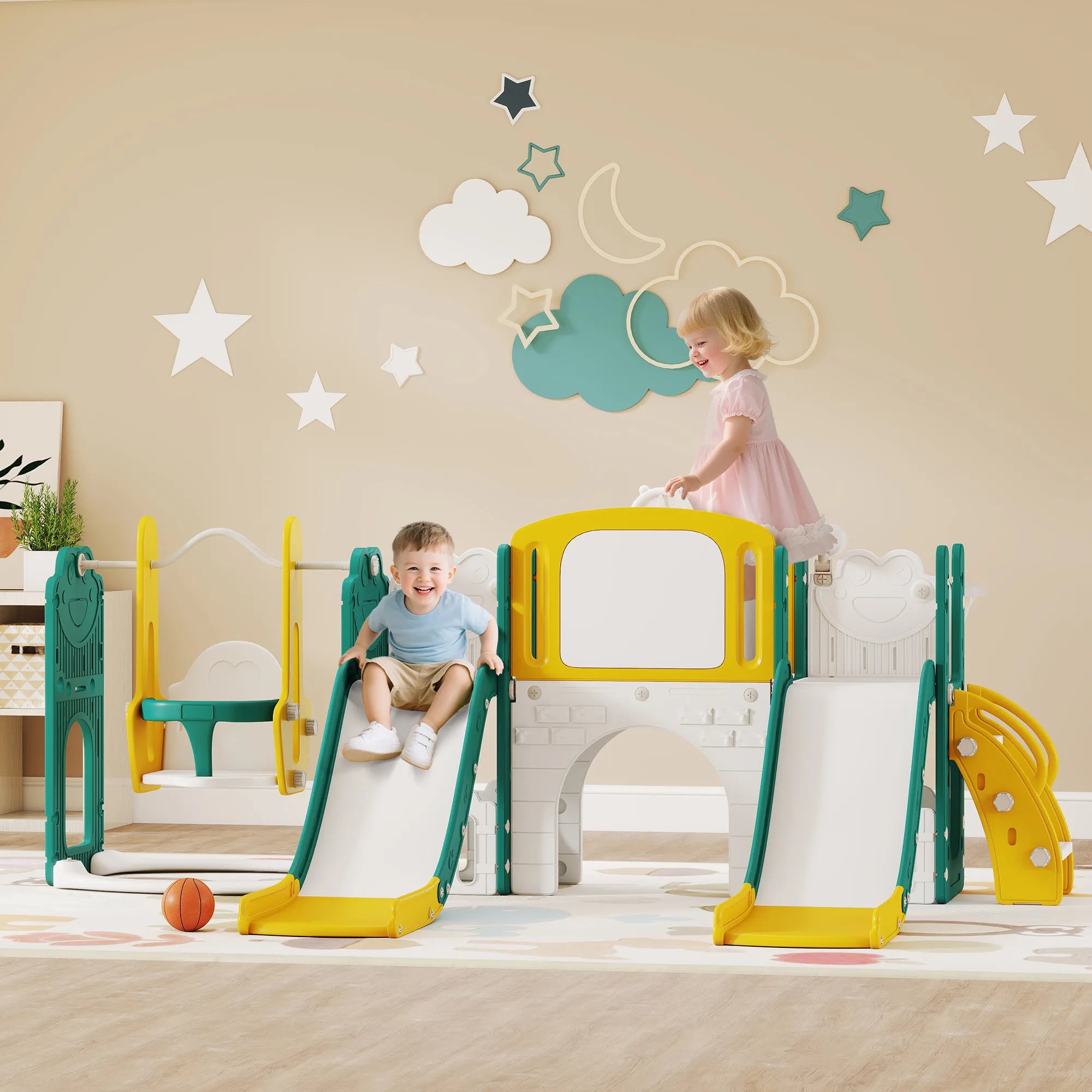Čiuožykla ir sūpynių komplektas 9-in-1 vaikams nuo 1 metų, geltona