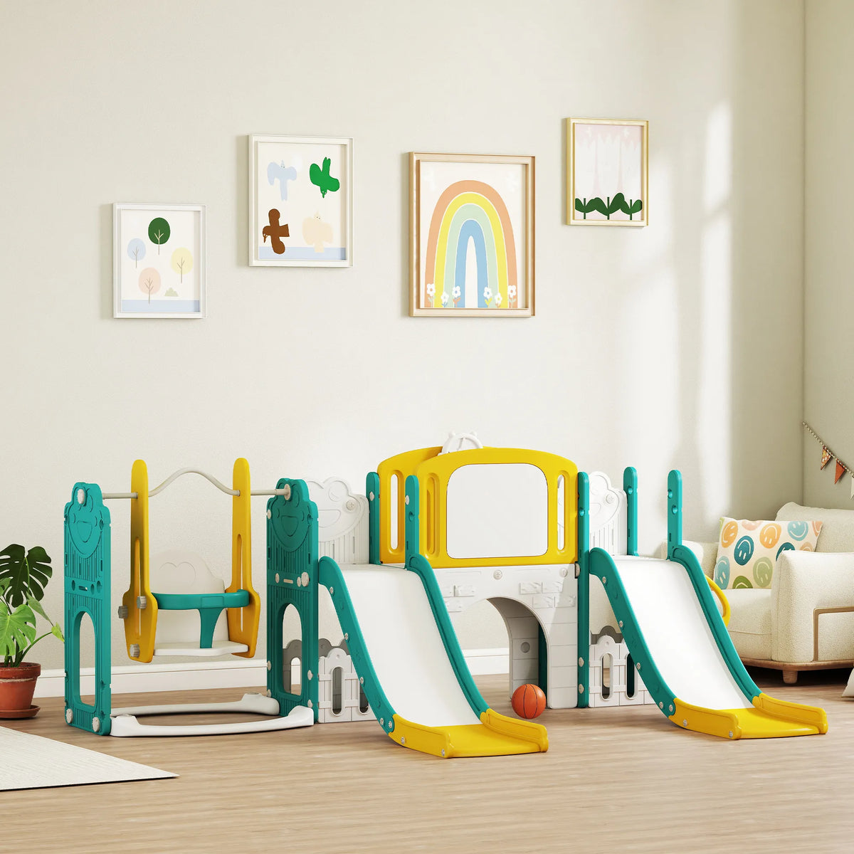 Čiuožykla ir sūpynių komplektas 9-in-1 vaikams nuo 1 metų, geltona
