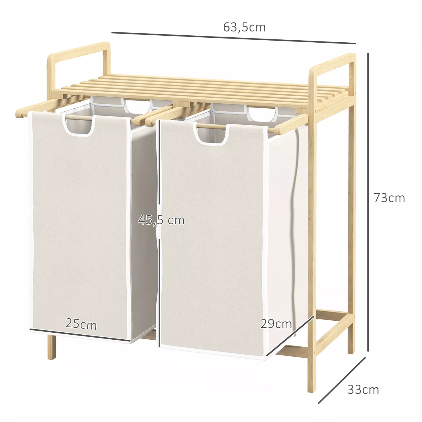Skalbinių krepšys su 2 skalbinių maišais, 1 lentyna, bambukas, 63,5 cm x 33 cm x 73 cm, šviesiai pilka + natūrali