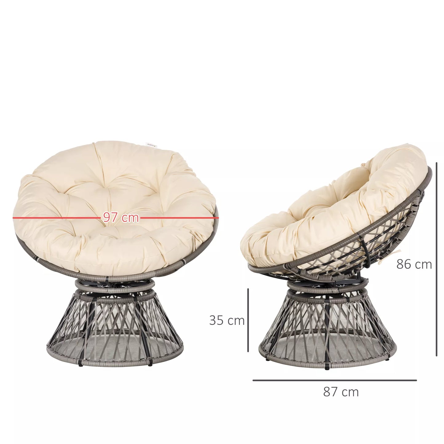 Papasansessel, pintas krėslas, sėdimoji pagalvėlė, dirbtinis rotangpalmių lukštas, sukamas, metalinis rėmas, 87 x 97 x 90 cm, smėlio spalvos