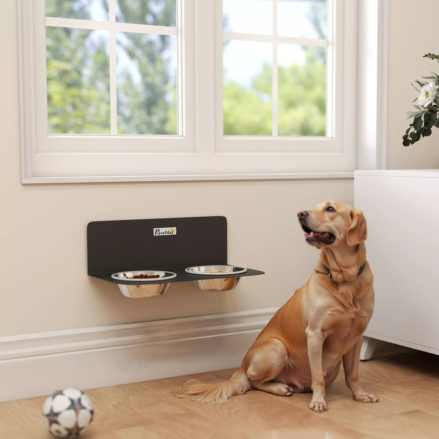 Šunų dubenėlis, reguliuojamas aukščio, tvirtinamas prie sienos, su 2 x 800 ml nerūdijančio plieno dubenėliais, 42 x 23,5 x 14 cm, juodas