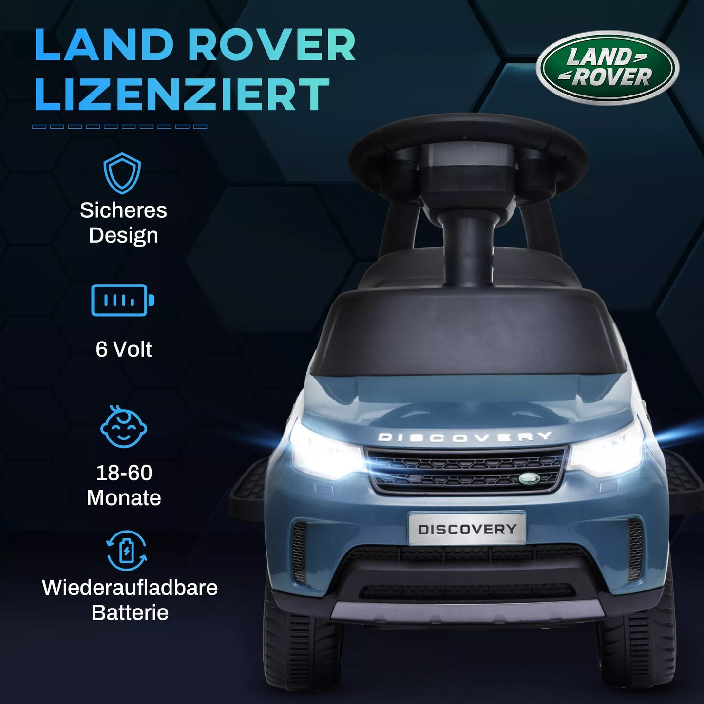 Elektrinis vaikiškas automobilis 6V, Land Rover, važiavimo/stumdomasis režimas, priekiniai žibintai, muzika, šviesiai mėlynas