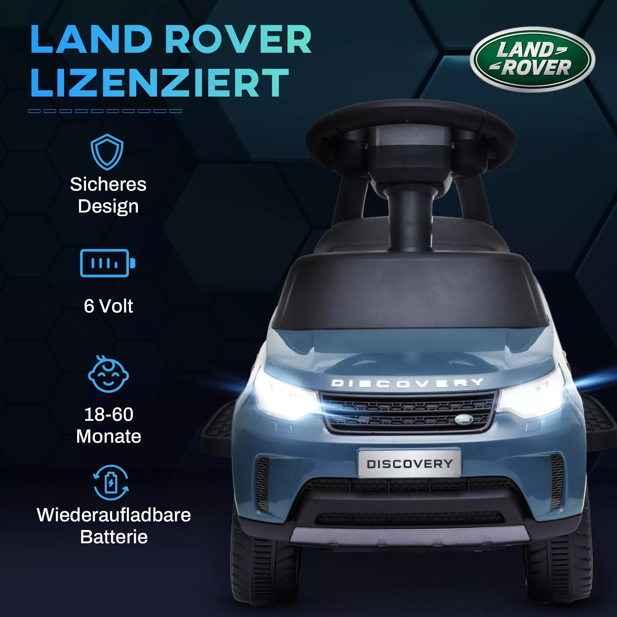 Elektrinis vaikų automobilis 6 V, „Land Rover“, važiavimo/stumimo režimas, žibintai, muzika, šviesiai mėlynos spalvos