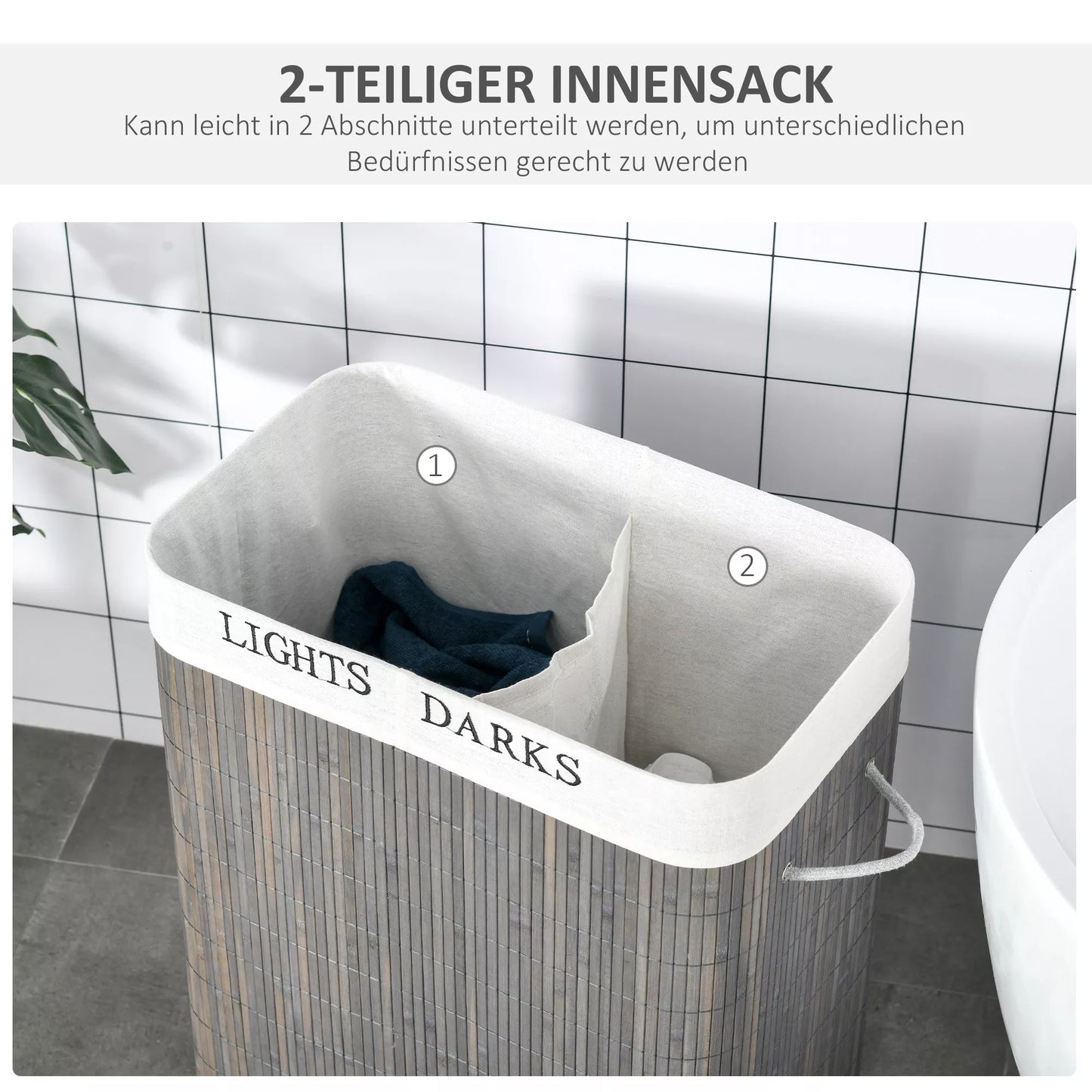 100L skalbinių krepšys su 3 rankenomis, su skalbiamu maišeliu, Bambukas, poliesteris, medvilnė, metalas, 52 x 32 x 63 cm, Pilkas