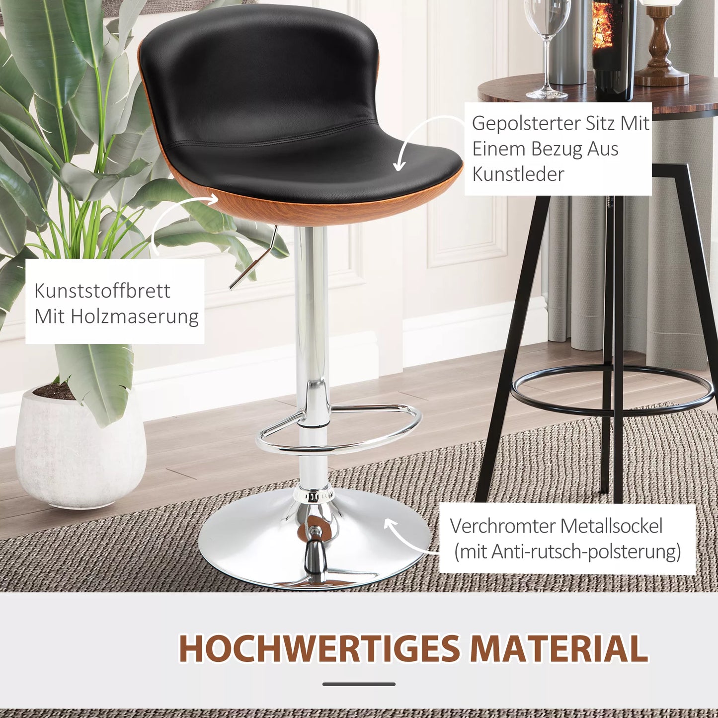 2 vnt. rinkinys baro kėdžių su atrama kojoms, baro kėdė su atlošu, bistrot kėdė, valgomojo kėdė, reguliuojamo aukščio, pasukama, dirbtinė oda, juoda, 46 x 53,5 x 85-106 cm