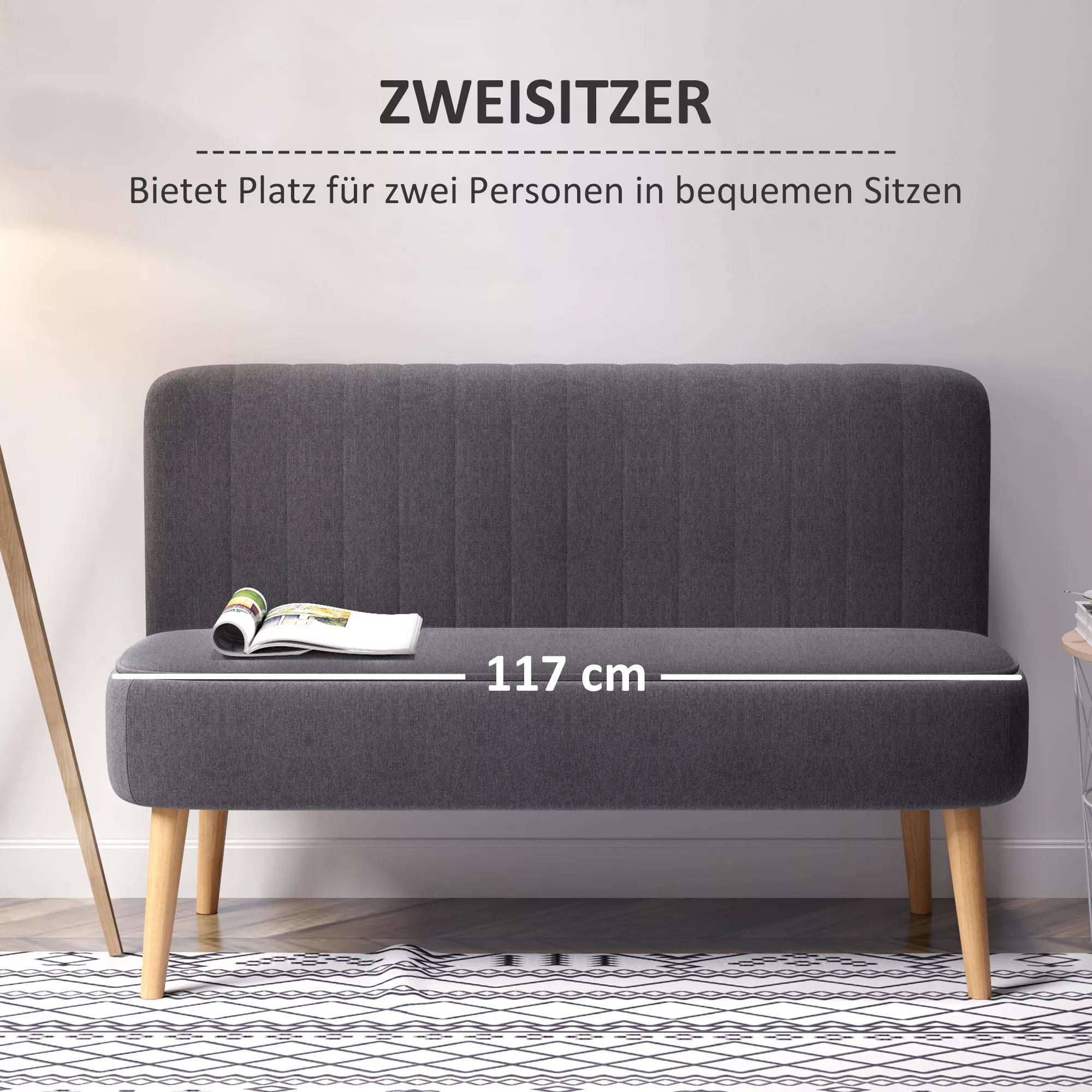 Dviejų vietų sofa, minkštas paminkštinimas, lengvai prižiūrimas užvalkalas, iki 150 kg, 117 x 56,5 x 77 cm, tamsiai pilkos spalvos