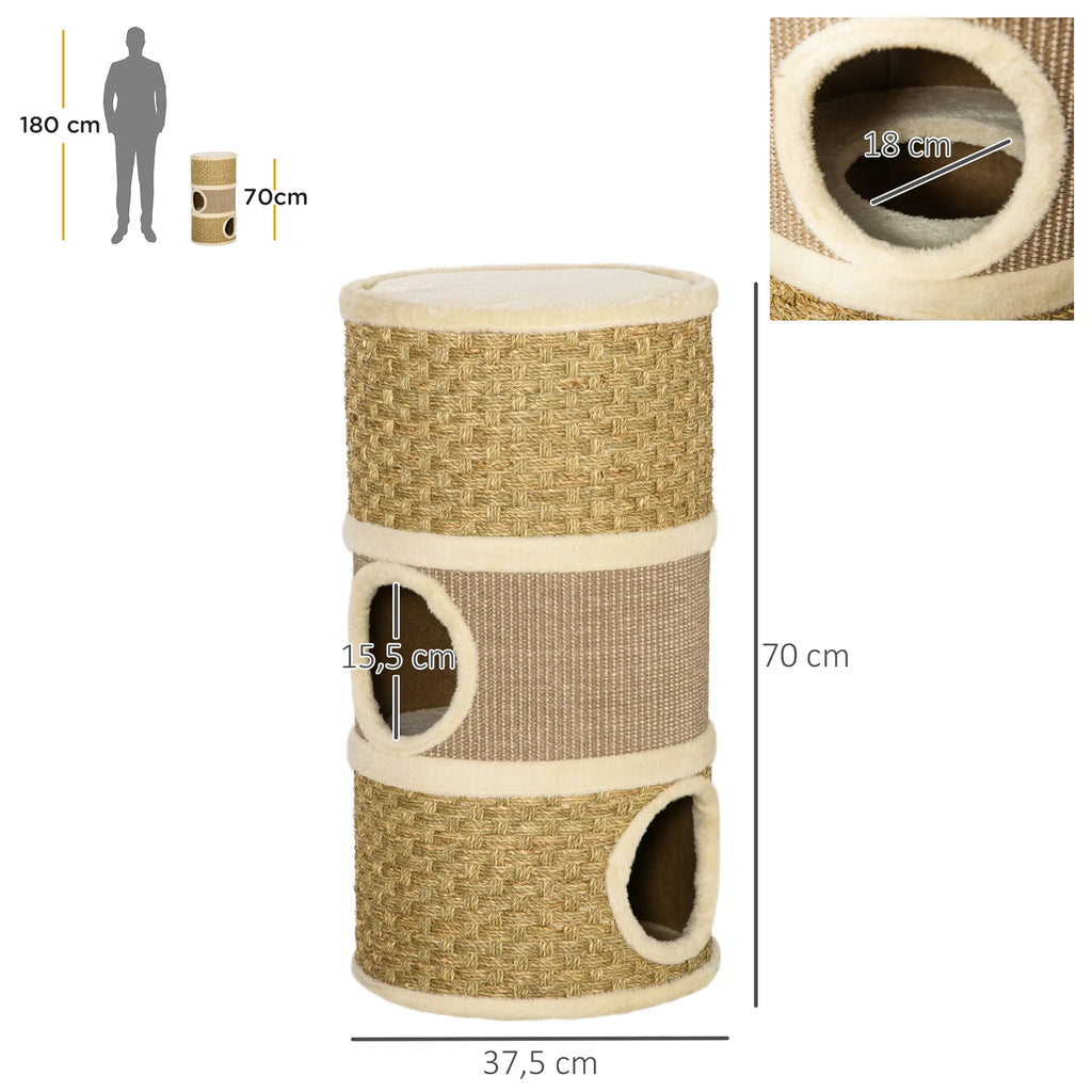 Schema su katės bokšto matmenimis: skersmuo 37,5 cm, aukštis 70 cm
