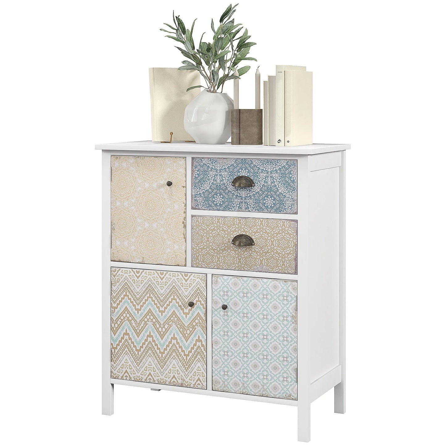 Sideboardas, Shabby Chic komoda, 2 stalčiai, 3 spintelės skyriai, pušies mediena, 68x34x80cm, balta