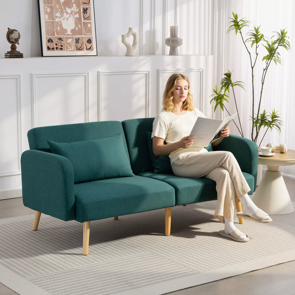 Miegamasis sofos, 3-vietė sofa su lovos funkcija, 2 pagalvės, minkšta sofa su reguliuojamu atlošu, lino išvaizda, žalia