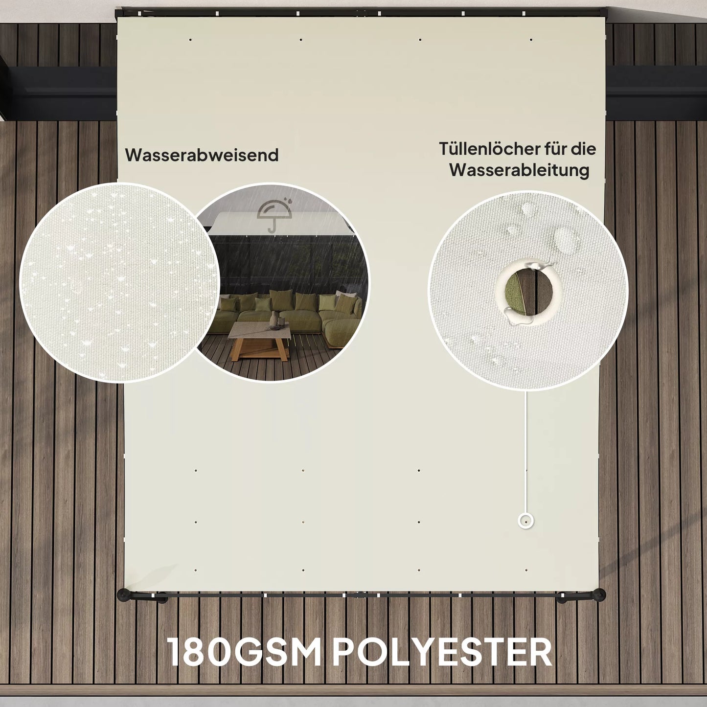 2,5 x 3 m pergola, prie sienos montuojamas sodo paviljonas, atsparus vandeniui, metalinis rėmas, nuotekų angos, šešėlinis stogas, kreminės baltos spalvos