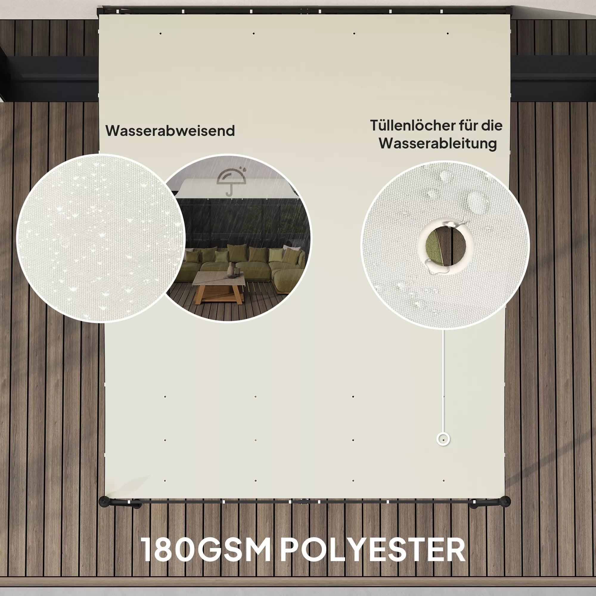 2,5 x 3 m pergola, prie sienos montuojamas sodo paviljonas, atsparus vandeniui, metalinis rėmas, nuotekų angos, šešėlinis stogas, kreminės baltos spalvos