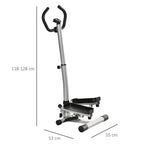 Stepperio matmenų schema: 118–128 cm aukštis, 55 cm plotis, 53 cm gylis