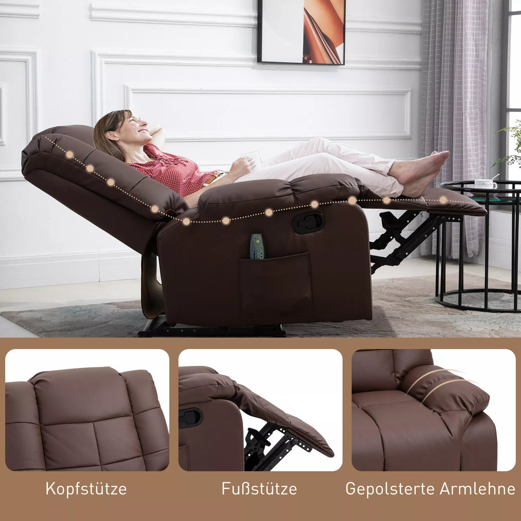 Massage chair, reclining with remote control 94 x 99 x 99 cm, brown faux leather