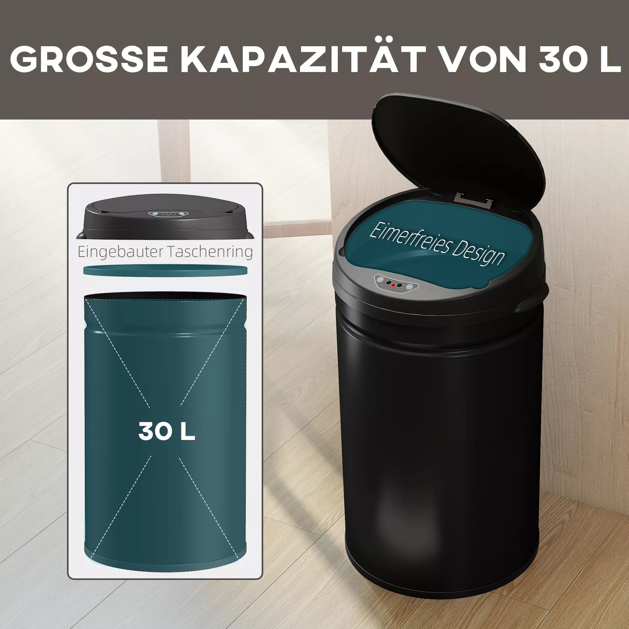 Sensorinė šiukšliadėžė 30 l su dangčio uždarymo funkcija, juoda