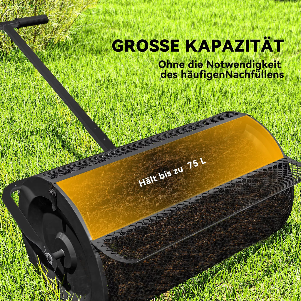 Kompostų barstytuvas 75L 61x40cm Trąšų barstytuvas Vejos sodas su T-rankena Tinklinis krepšys Metalas Juodas
