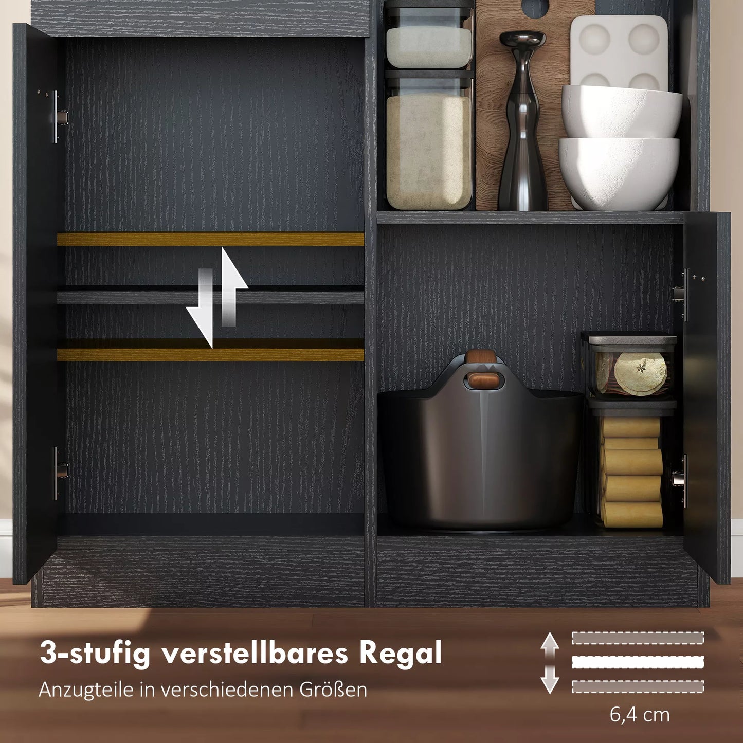 Virtuvės spintelė, bufetas su stalčiumi, minkštos uždarymo durys, 80 x 35 x 180 cm, juoda