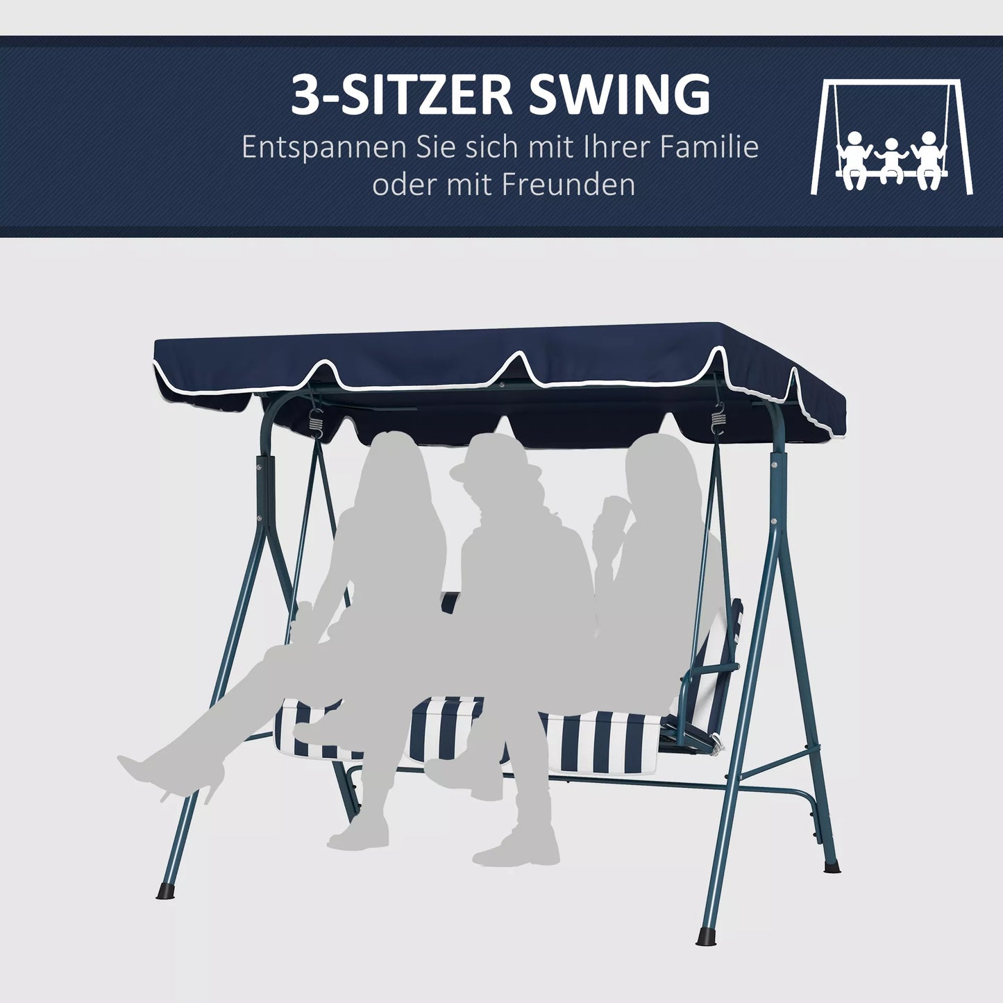 Holivudo sūpynės Sodo sūpynės 3 vietos, atsparios atmosferos poveikiui, reguliuojamas stogas, 172 x 110 x 153, mėlynos spalvos