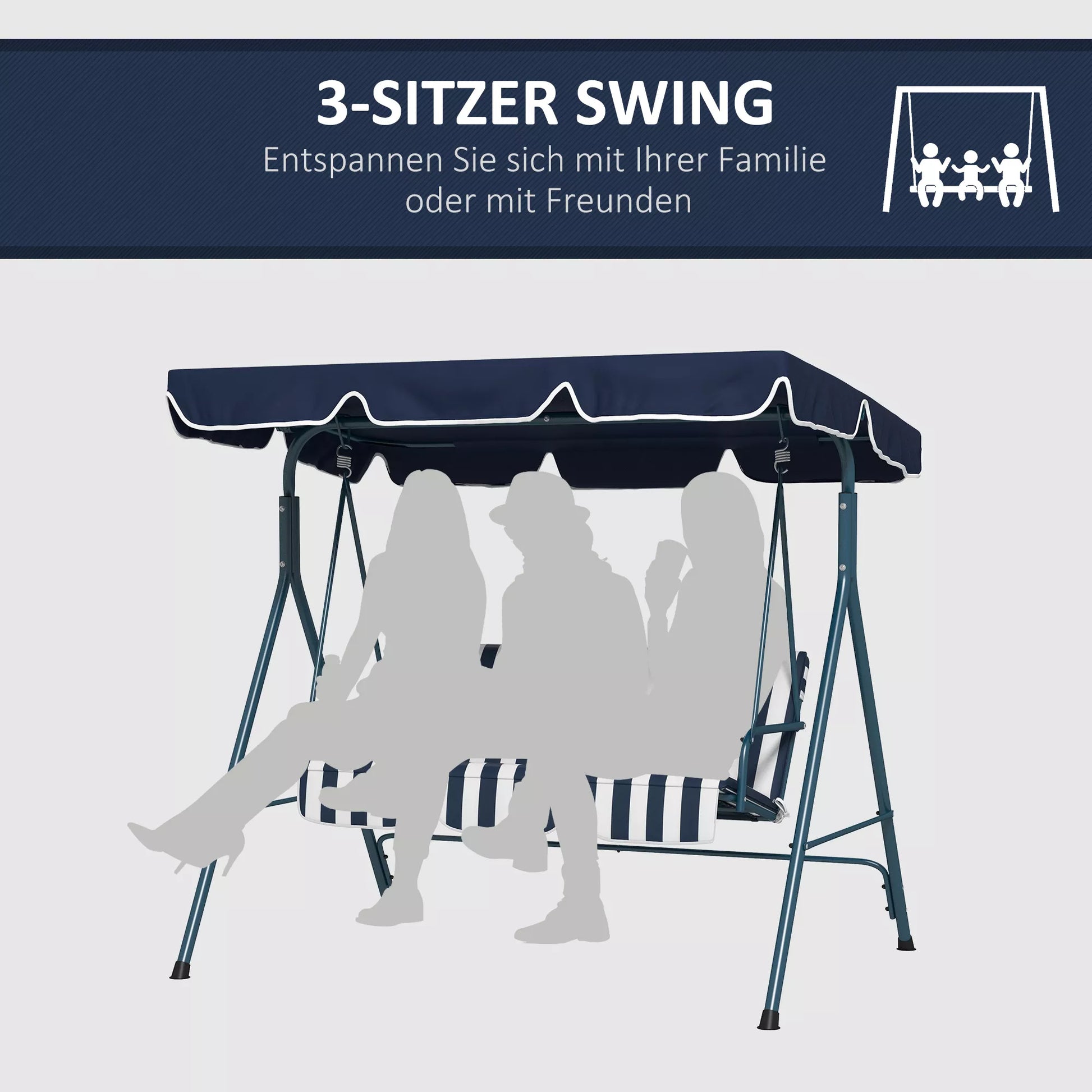 Holivudo sūpynės Sodo sūpynės 3 vietos, atsparios atmosferos poveikiui, reguliuojamas stogas, 172 x 110 x 153, mėlynos spalvos