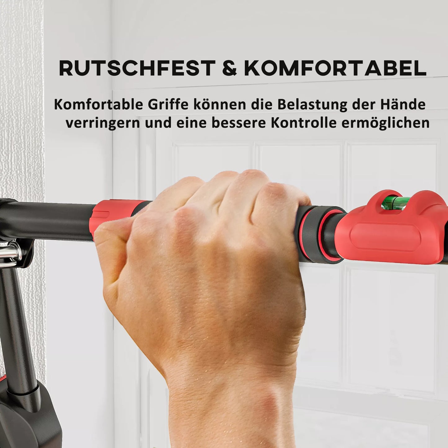 Reguliuojamas prisitraukimo strypas 80-110cm, su gulsčiuku, 6 taškų atrama, metalinis, juoda/raudona