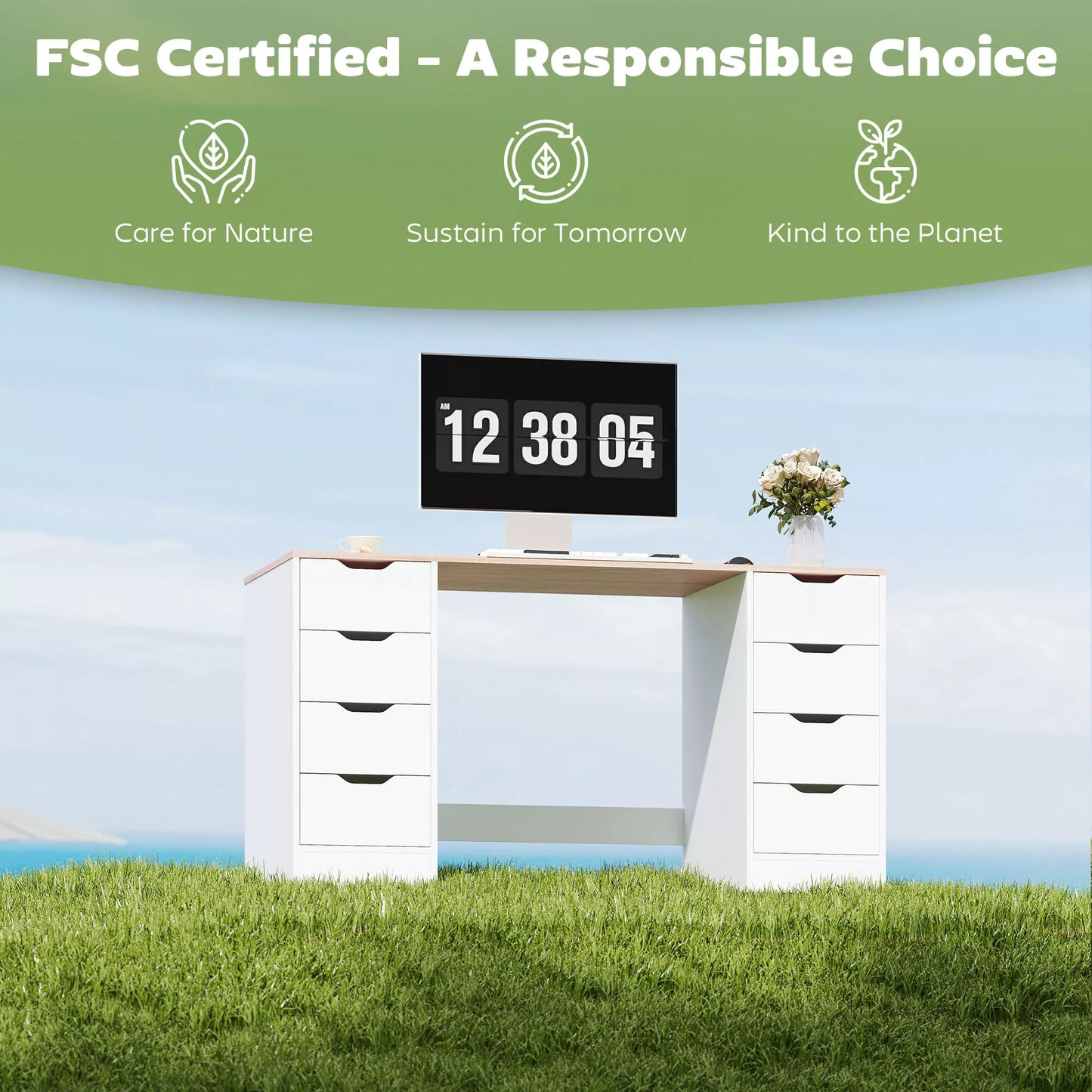 140 cm kompiuterinis stalas, 8 stalčiai, rašomasis stalas namų biurui, miegamajam, plienas, mediena, baltas